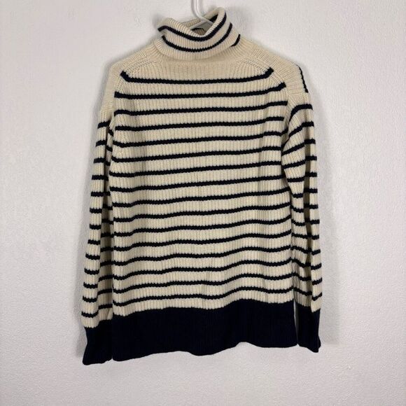 J. Crew Wool Cream & Navy Blue Striped Turtleneck Pullover Sweater Size M - Picture 6 of 11